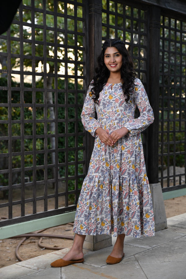 Summer florals White Tier Handblock dress