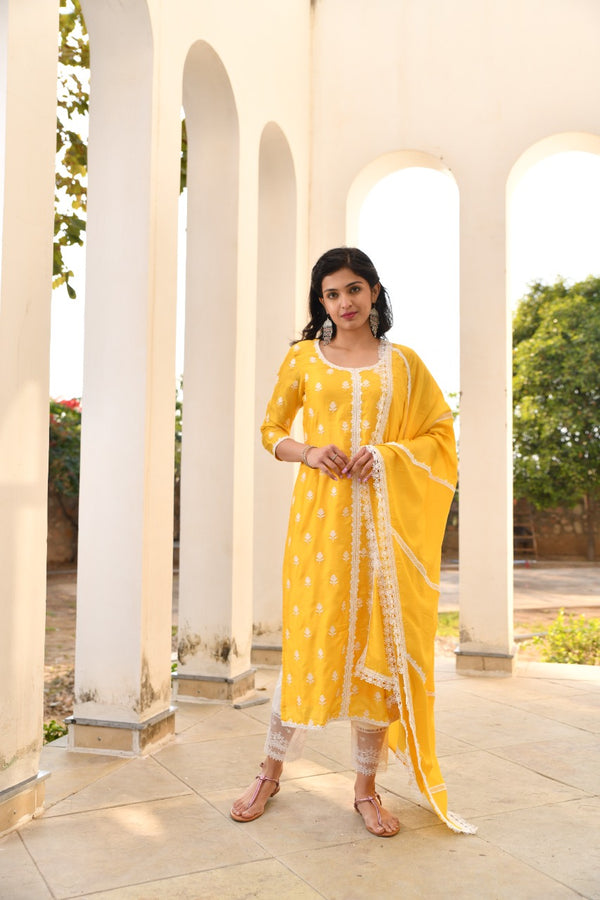 Mango Yellow Lace Silk Suit Set