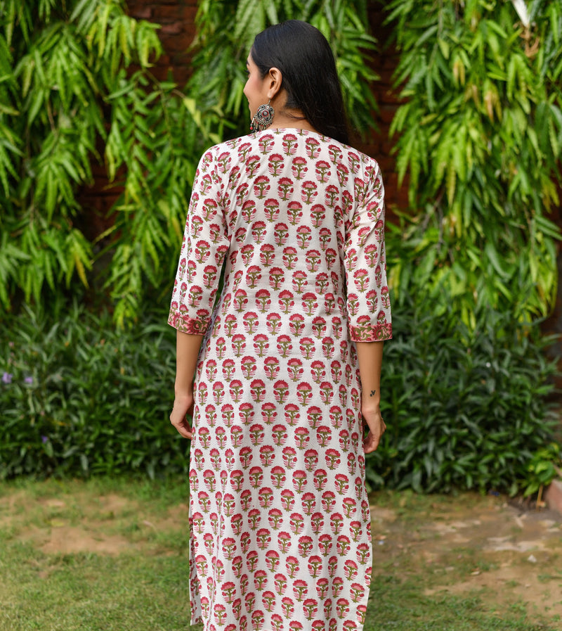White and Red Handblock Individual Kurta