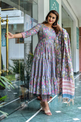Flared Ethnic Floral Handblock  Suit Set