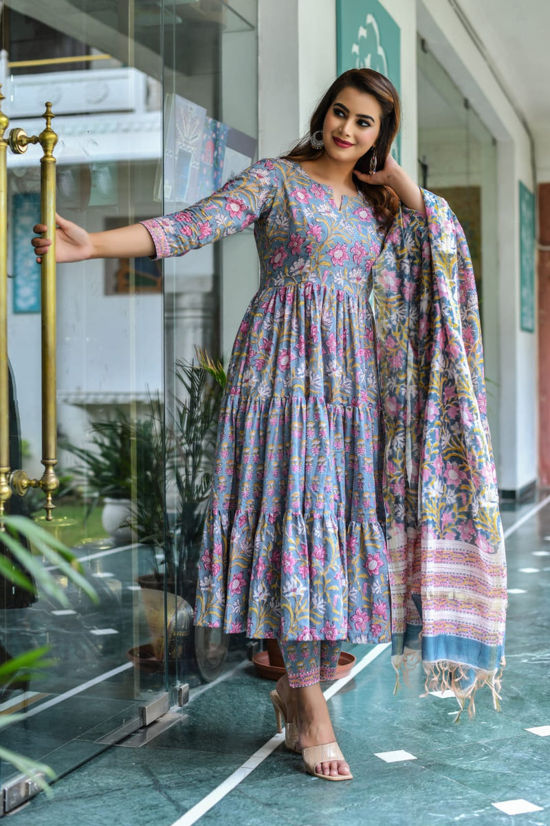 Flared Ethnic Floral Handblock  Suit Set