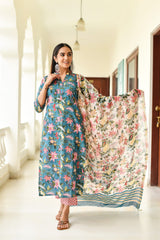 Multicolored Floral Handblock Printed Unstitched Suit Set