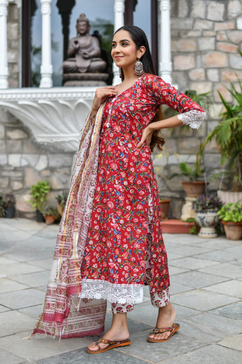 White and Red Handblock Unstitched Suit Set