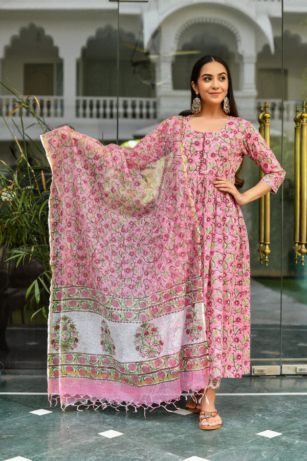 True Pink Handblock Print Suit Set