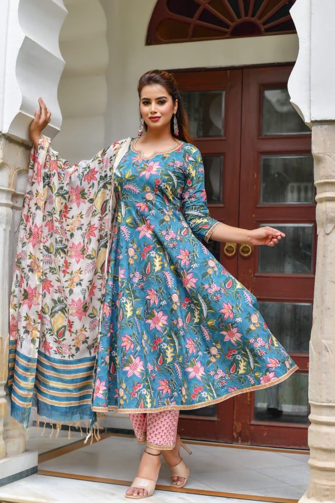 Multicolored Floral Handblock Printed Unstitched Suit Set