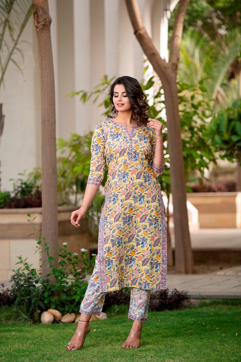 Floral All Over The Place Handblock Kurta With Pant Only