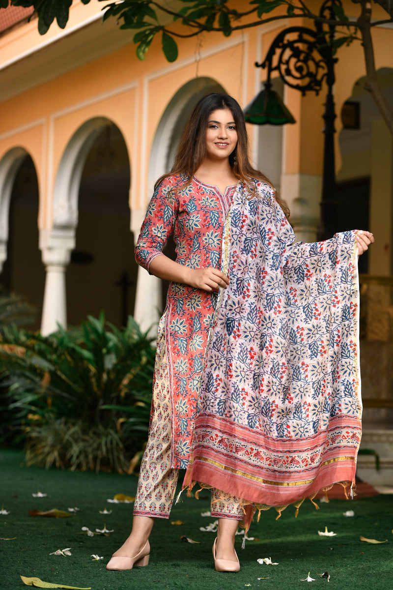 Sophia Handblock Chanderi Silk Dupatta Suit Set