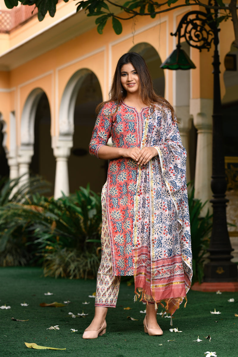 Sophia Handblock Chanderi Silk Dupatta Suit Set