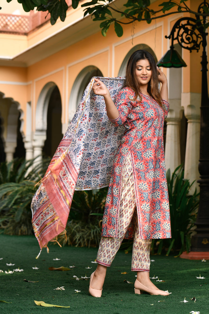 Sophia Handblock Chanderi Silk Dupatta Suit Set
