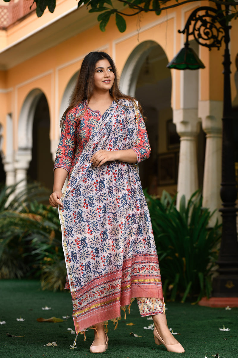 Sophia Handblock Chanderi Silk Dupatta Suit Set