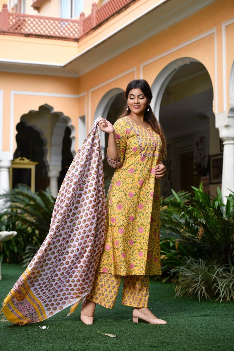 Blooming Blossoms Yellow Handblock Suit Set With Button Detail And Chanderi Silk Dupatta