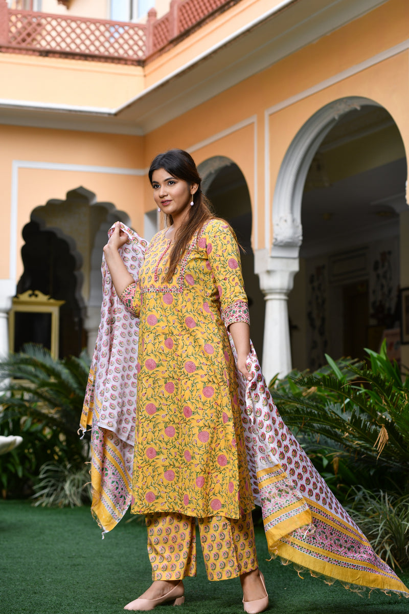 Blooming Blossoms Yellow Handblock Suit Set With Button Detail And Chanderi Silk Dupatta