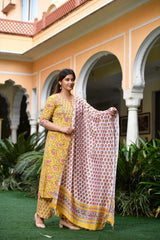 Blooming Blossoms Yellow Handblock Suit Set With Button Detail And Chanderi Silk Dupatta