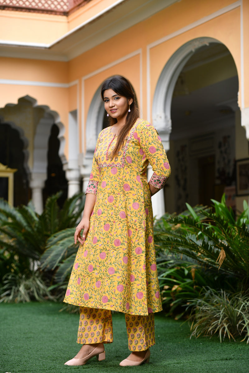 Blooming Blossoms Yellow Handblock Suit Set With Button Detail And Chanderi Silk Dupatta