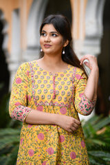 Blooming Blossoms Yellow Handblock Suit Set With Button Detail And Chanderi Silk Dupatta