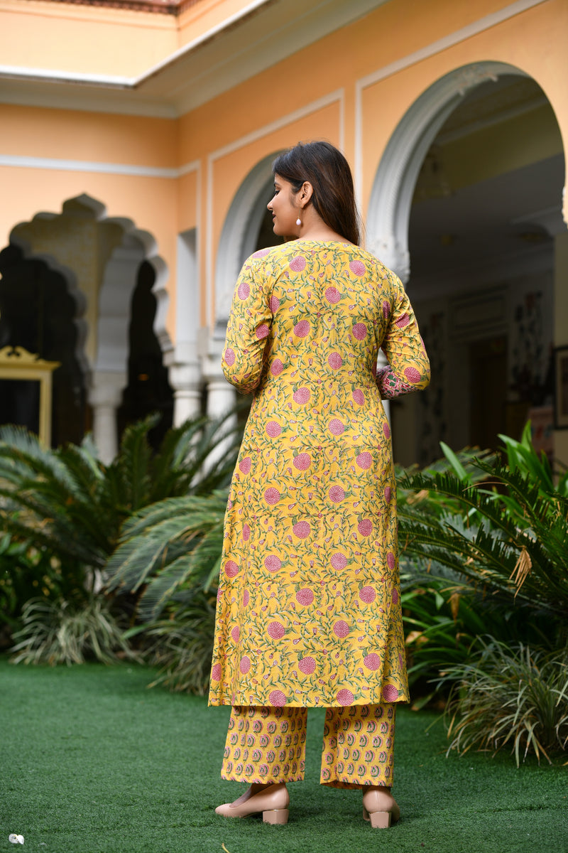 Blooming Blossoms Yellow Handblock Suit Set With Button Detail And Chanderi Silk Dupatta