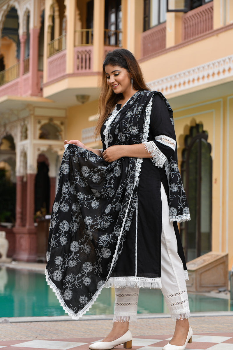 Buy Black Silk Salwar Suit Ruffle Dupatta Custom Made Straight Kurti Indo  Western Dress Cigerette Pants Dress Material for Women Patiala Suit Online  in India - Etsy
