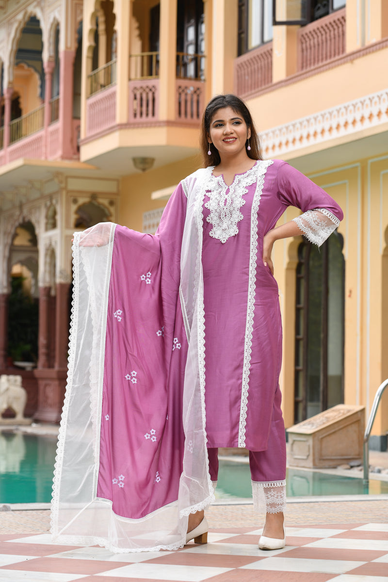 Plum White Lace Silk Suit Set