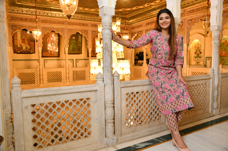 Down To Earth Pink Floral Kurta And Palazzo Only