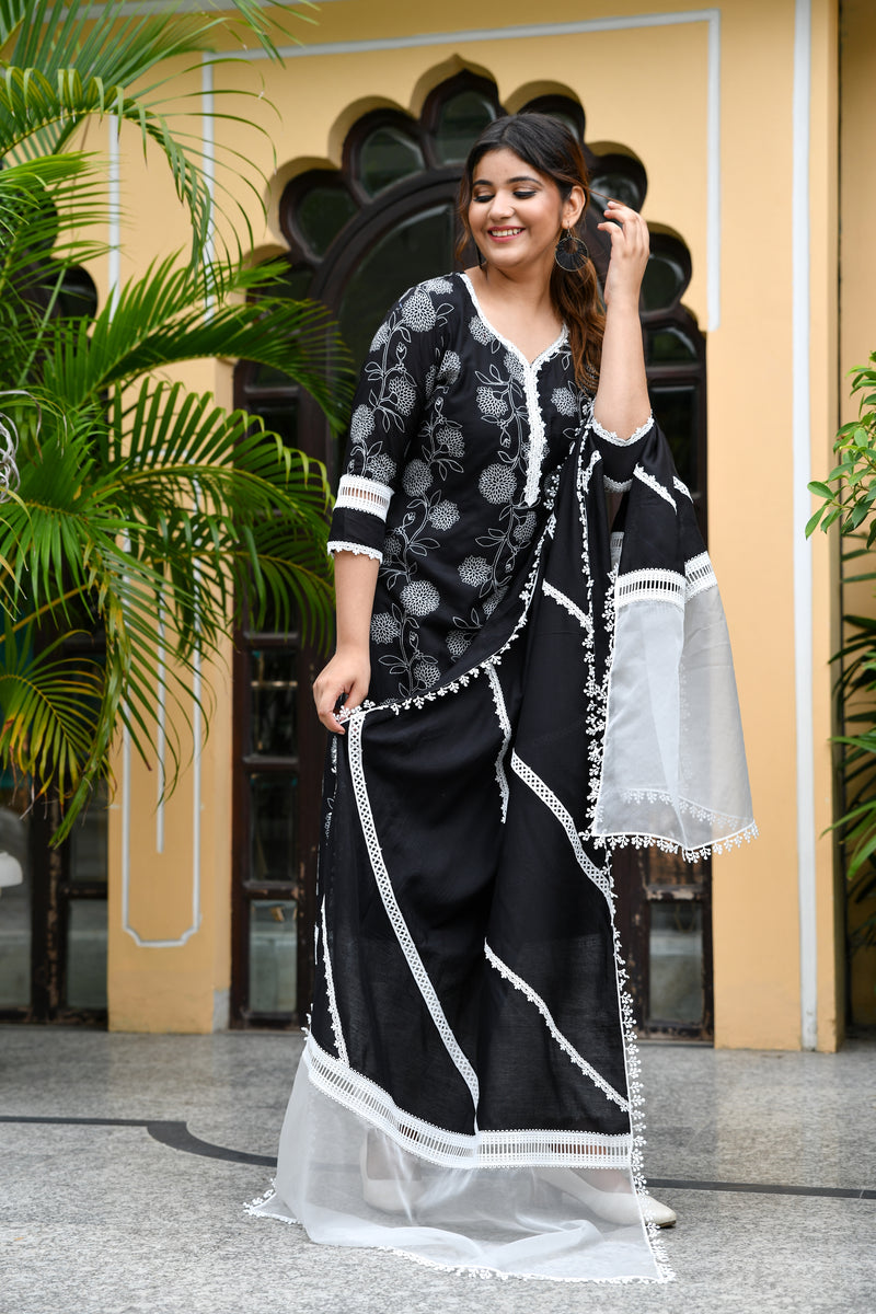 Beautiful Black Embroidered Silk Suit Set With Lace detail