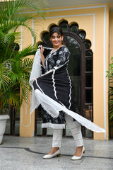 Beautiful Black Embroidered Silk Suit Set With Lace detail