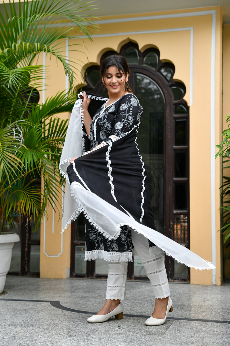 Beautiful Black Embroidered Silk Suit Set With Lace detail