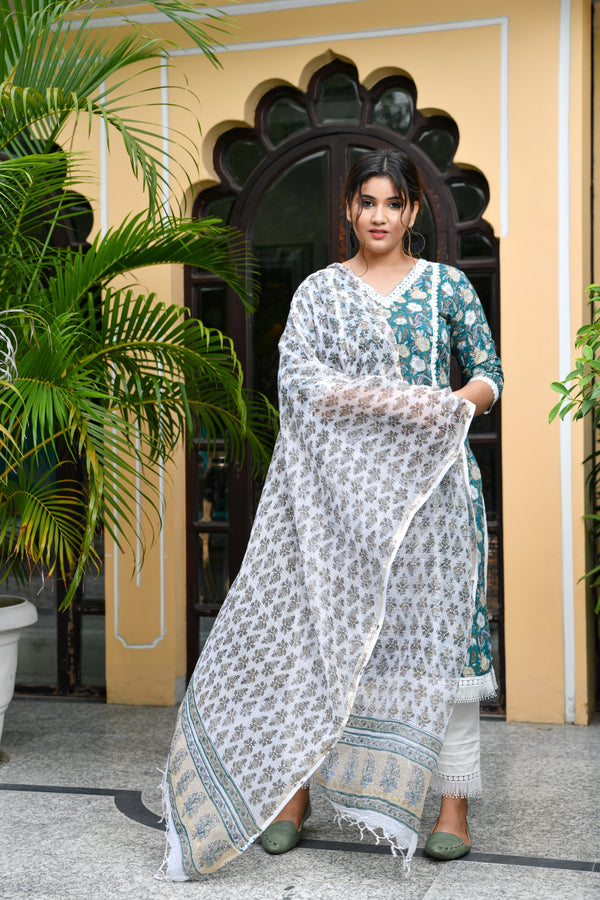 Sea Green Handblock Suit Set With Fringe Detail And Kotadoria Dupatta