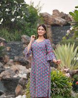 Straight Fit Blue Handblock Kurta Ony