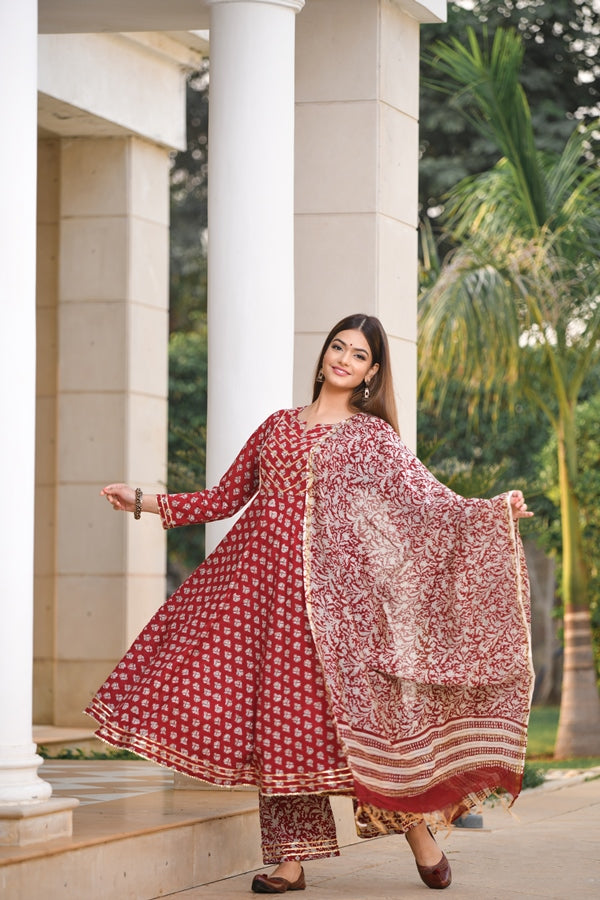 Cherry Red Anarkali Handblock Chanderi Suit Set