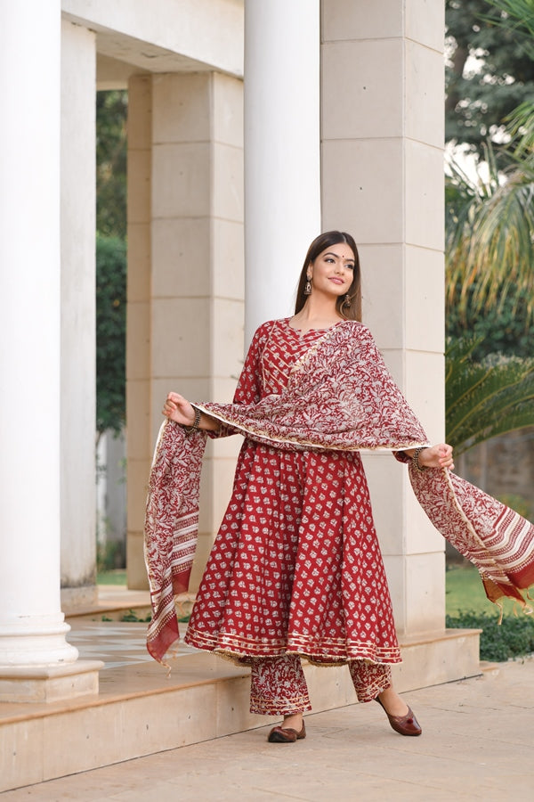 Cherry Red Anarkali Handblock Chanderi Suit Set