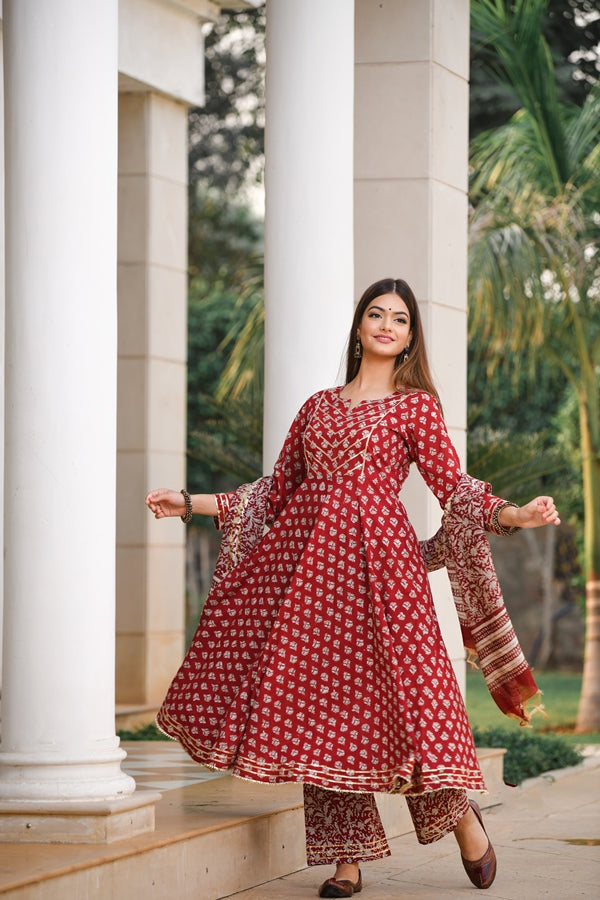 Cherry Red Anarkali Handblock Chanderi Suit Set