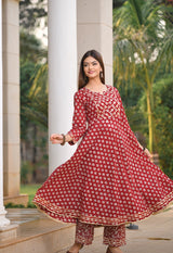 Jaipuri Gota work Red Anarkali Handblock Kurta