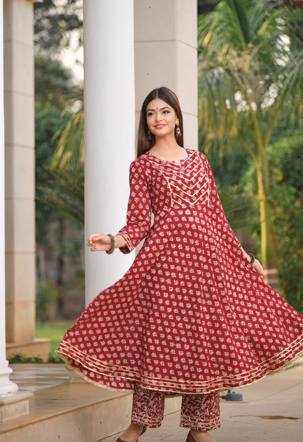 Jaipuri Gota work Red Anarkali Handblock Kurta
