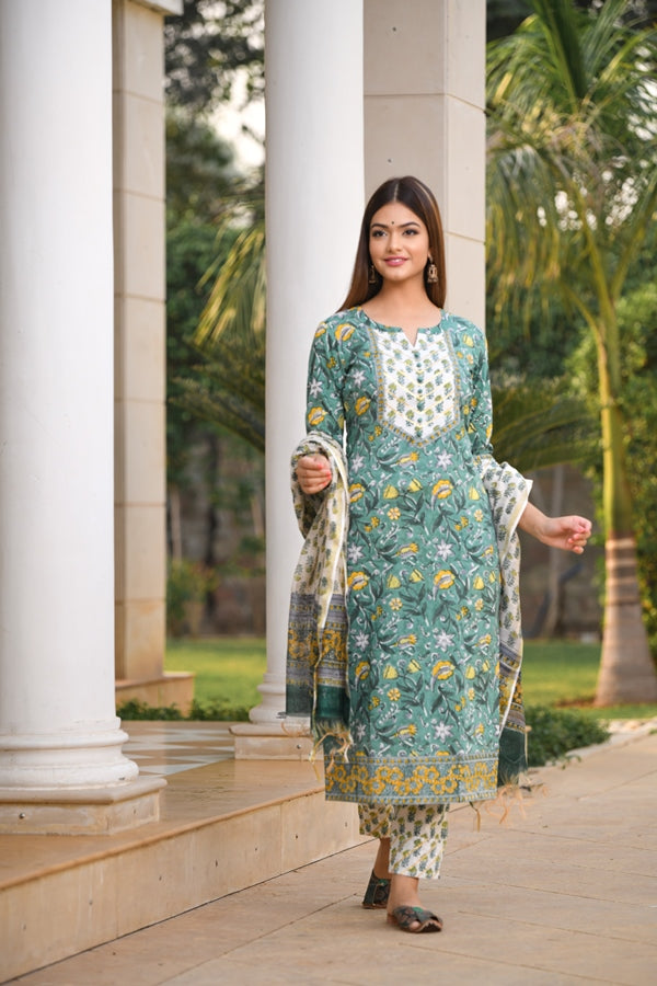Festive edit Gota work Handblock suit set with front yoke and Chanderi Silk Dupatta