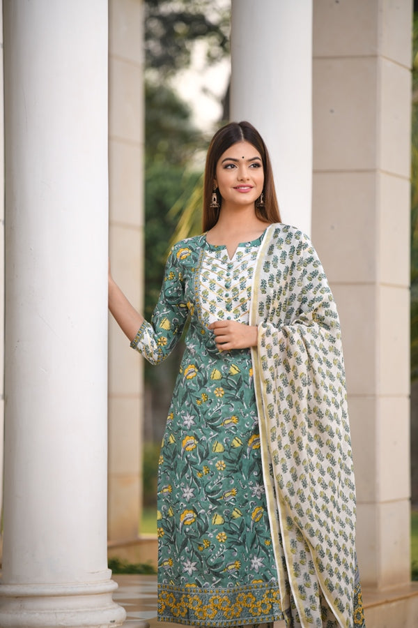 Festive edit Gota work Handblock suit set with front yoke and Chanderi Silk Dupatta