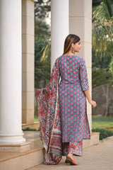Red Blossom handblock suit set with designer Front Gota Panel and Chanderi Silk Dupatta