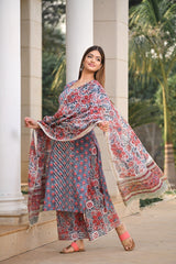 Red Blossom handblock suit set with designer Front Gota Panel and Chanderi Silk Dupatta