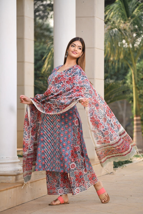 Red Blossom handblock suit set with designer Front Gota Panel and Chanderi Silk Dupatta