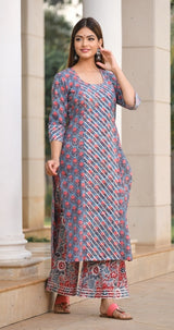 Red Blossom handblock with designer Front Silver Gota Panel  Kurta And Palazzo Only