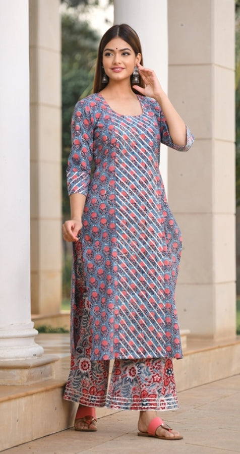 Red Blossom handblock with designer Front Silver Gota Panel  Kurta And Palazzo Only