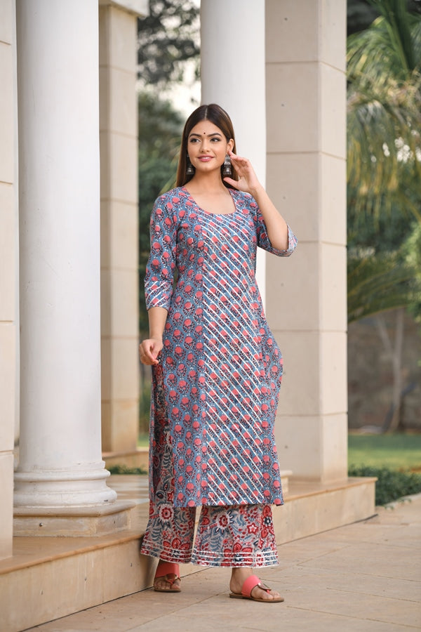Red Blossom handblock with designer Front Silver Gota Panel  Kurta And Palazzo Only
