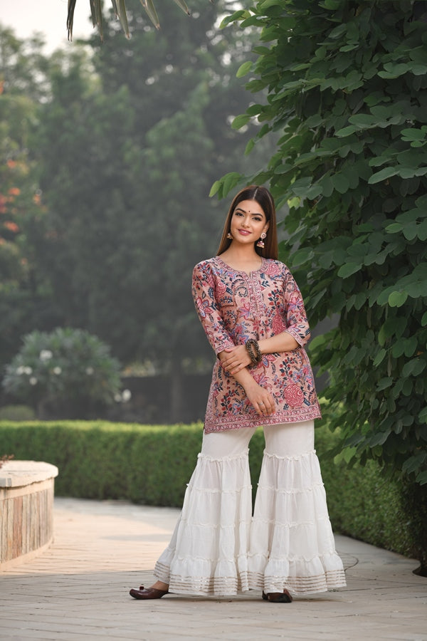 Beautiful Beige Chanderi Silk Kurta With  Sharara Only