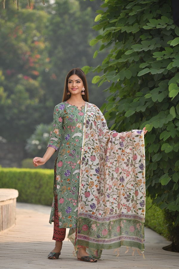 Nature inspired Handblock suit with Button detail and contrast Chanderi Silk Dupatta