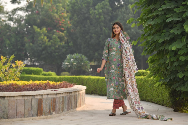 Nature inspired Handblock suit with Button detail and contrast Chanderi Silk Dupatta