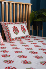 Jaipuri Floral White And Red Superior Quality Queen Size Bedsheet