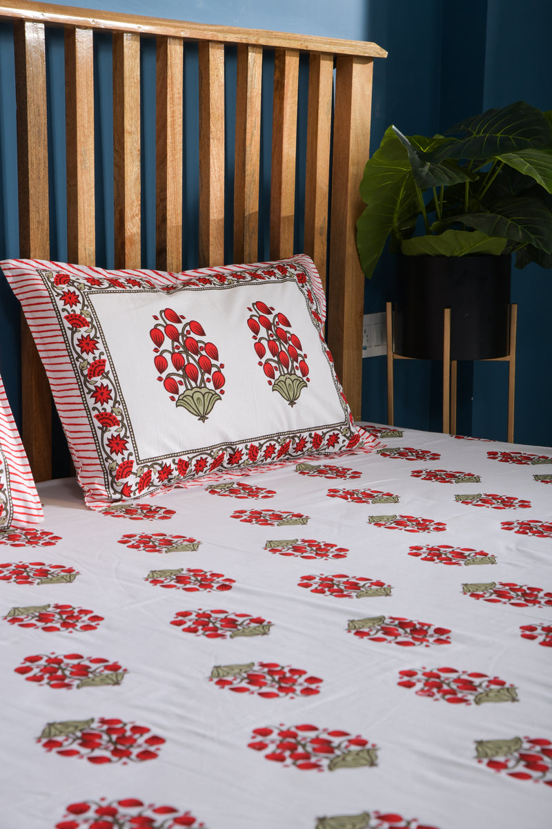Jaipuri Floral White And Red Superior Quality Queen Size Bedsheet