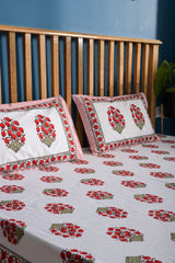 Jaipuri Floral White And Red Superior Quality Queen Size Bedsheet
