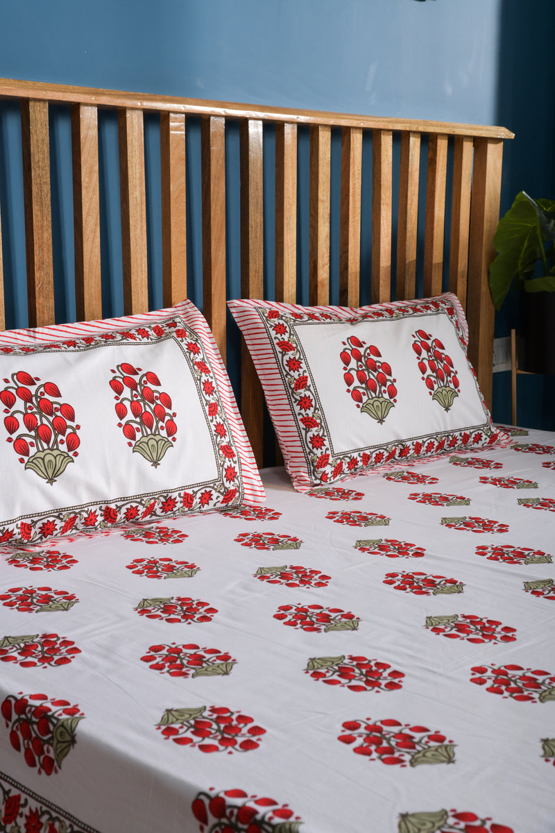 Jaipuri Floral White And Red Superior Quality Queen Size Bedsheet
