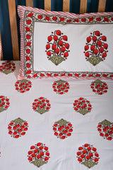 Jaipuri Floral White And Red Superior Quality Queen Size Bedsheet