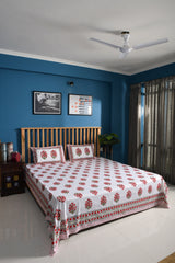 Jaipuri Floral White And Red Superior Quality Queen Size Bedsheet